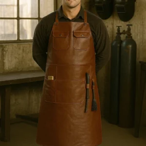 a brown apron in leather for welders worn by blacksmith