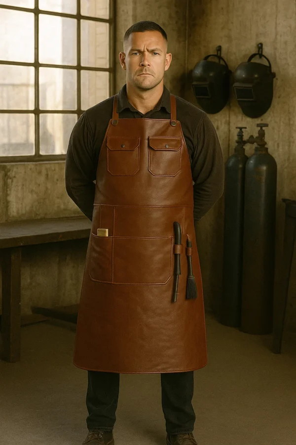 a brown apron in leather for welders worn by blacksmith