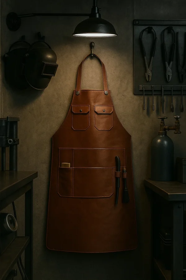 brown apron in leather in light hung against the wall