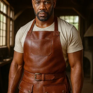 a blacksmith wearing leather apron