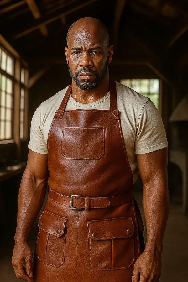 a blacksmith wearing leather apron