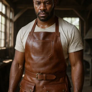 a young blacksmith wearing brown leather blacksmithing apron