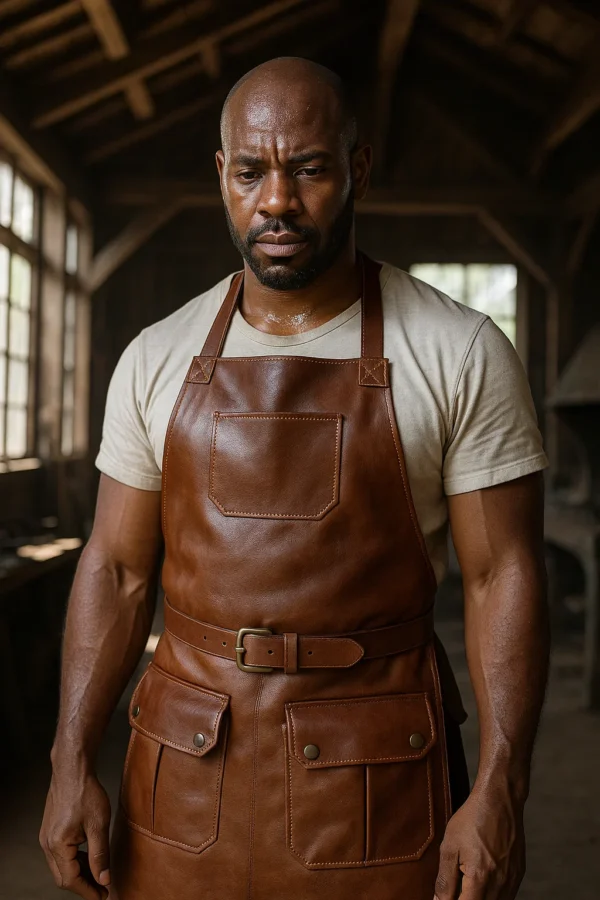 a young blacksmith wearing brown leather blacksmithing apron