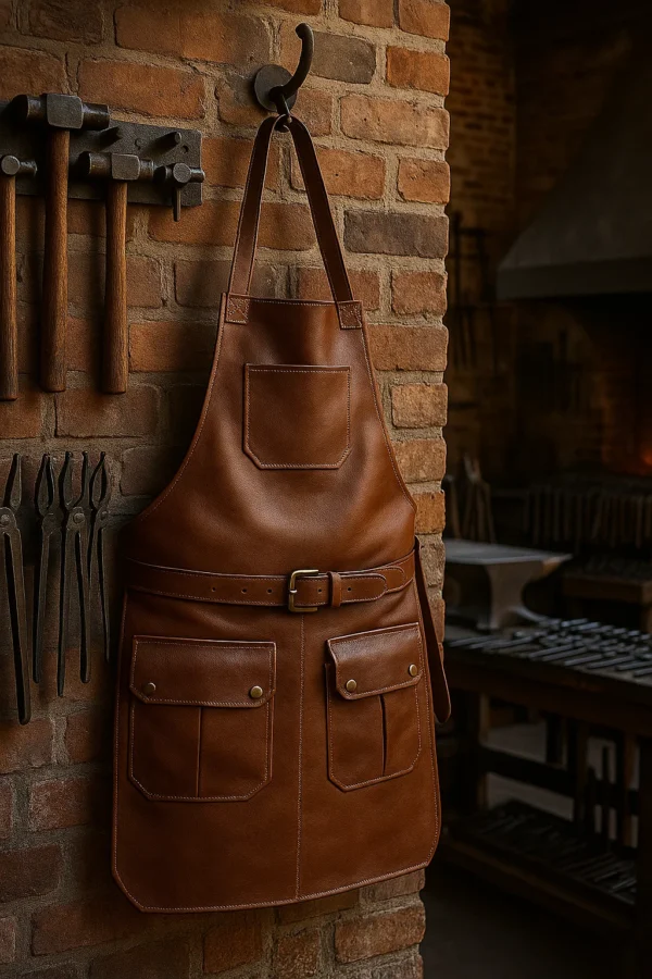 leather blacksmithing apron hung in a workshop