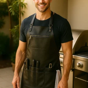 a men wearing BBQ leather apron