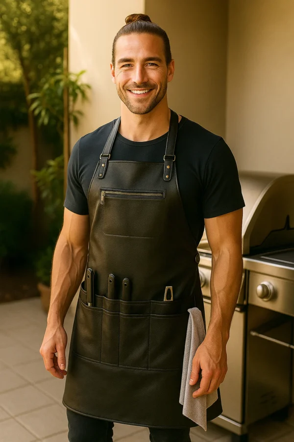 a men wearing BBQ leather apron