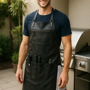 a bbq enthusiast wearing BBQ leather apron