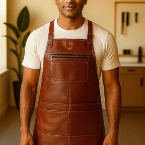 leather barber apron worn by a young model