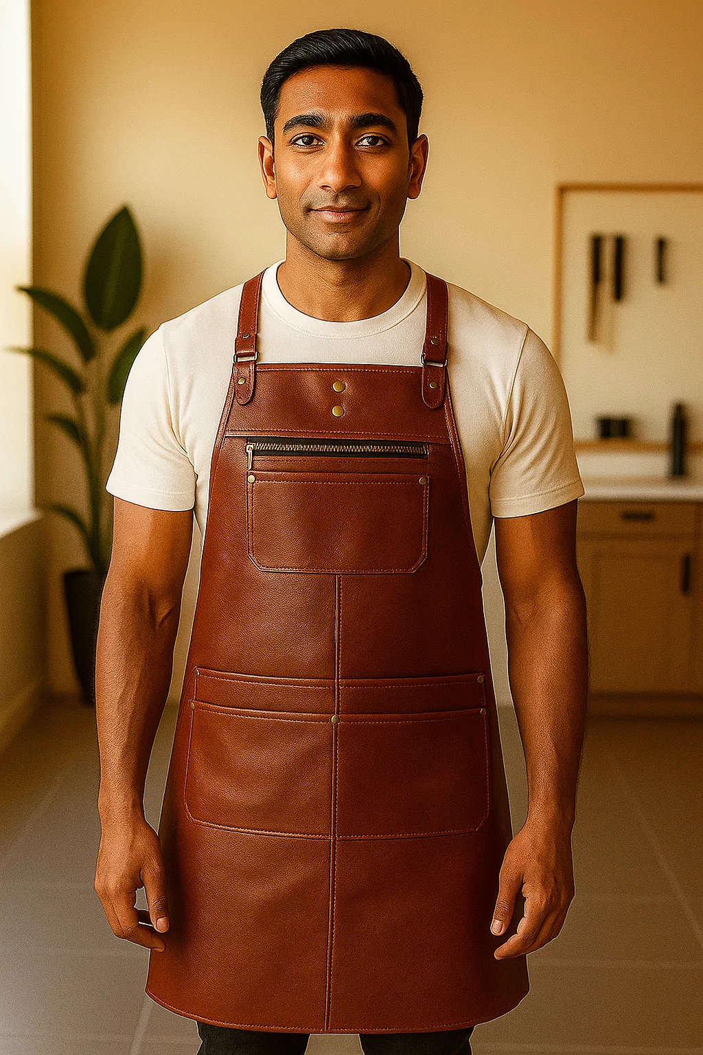 leather barber apron worn by a young model
