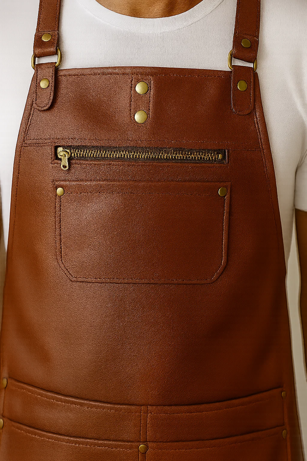 closeup of the leather barber apron