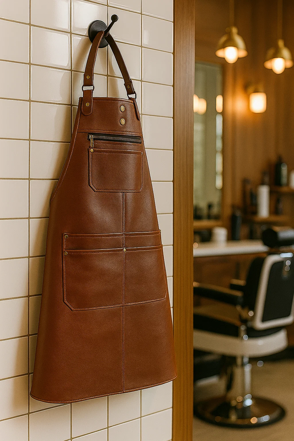 leather barber apron hung in a saloon