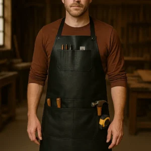 a young carpenter wearing leather woodworker apron