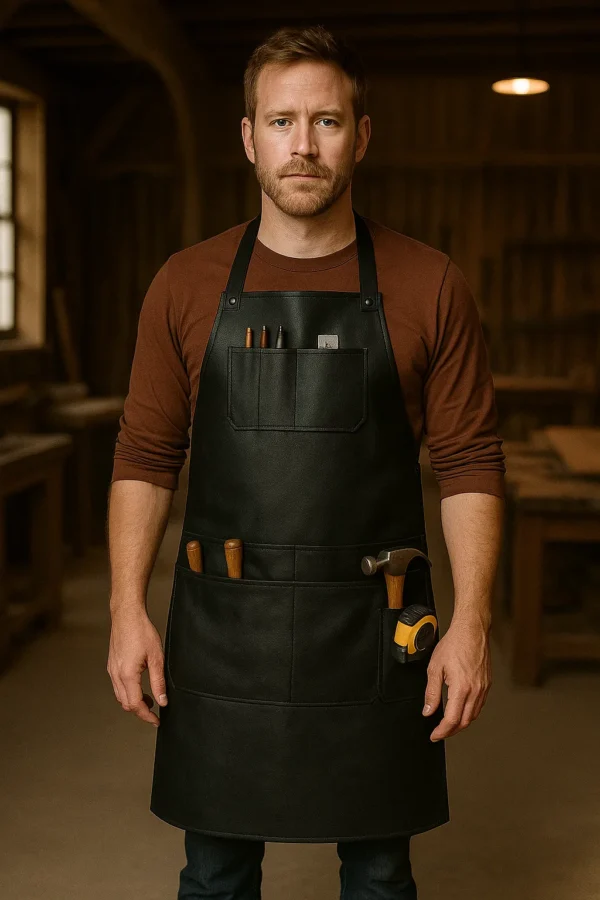 a young carpenter wearing leather woodworker apron