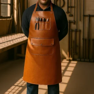 a welder wearing brown welding leather apron