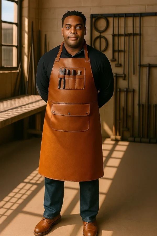 a welder wearing brown welding leather apron