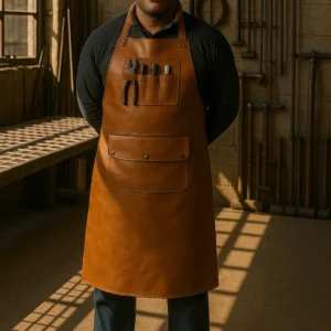 a young blacksmith wearing a brown leather apron