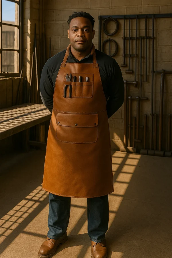 a young blacksmith wearing a brown leather apron