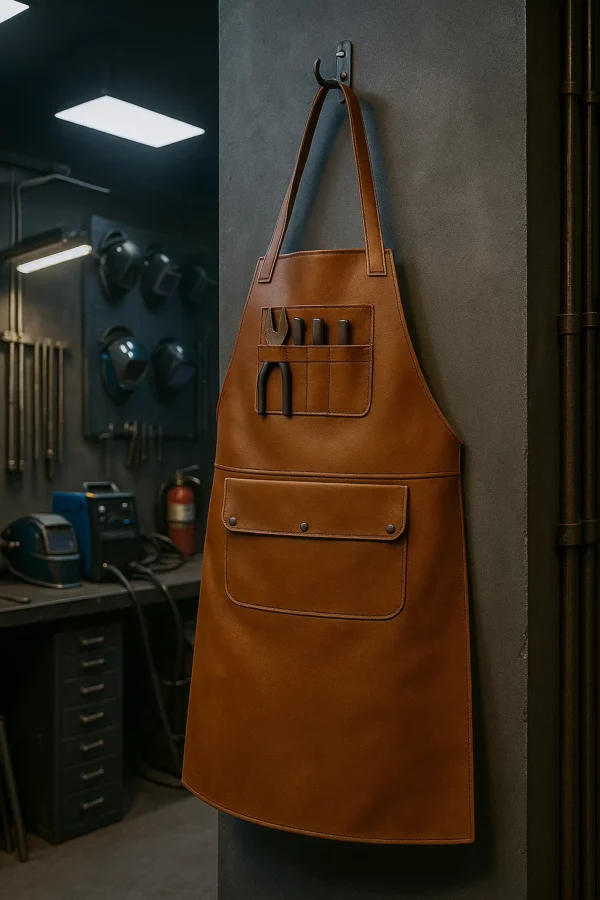 a brown leather apron hung in a blacksmithing workshop