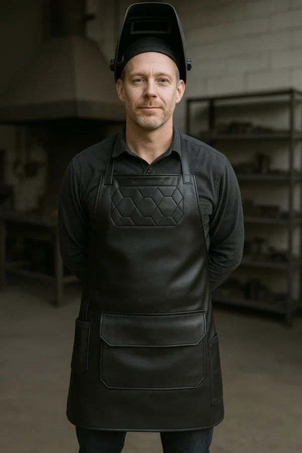 a black welding leather arpon worn by young welder