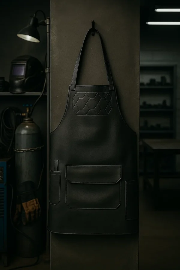 a black welding leather arpon hung in a workshop