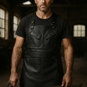 a worker wearing leather blacksmith apron