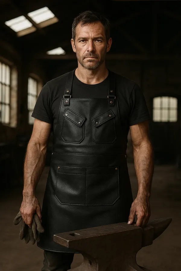 a worker wearing leather blacksmith apron