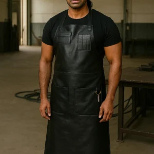 jet black leather welding apron worn by a welder