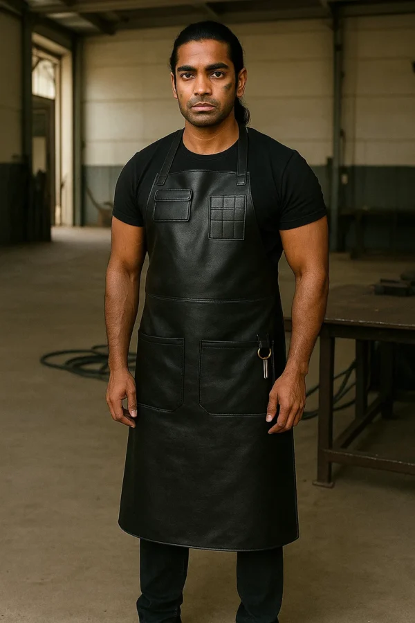 jet black leather welding apron worn by a welder