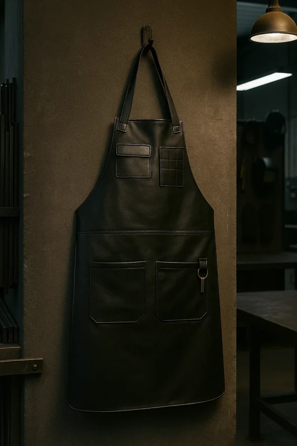 jet black leather welding apron hung in a workshop