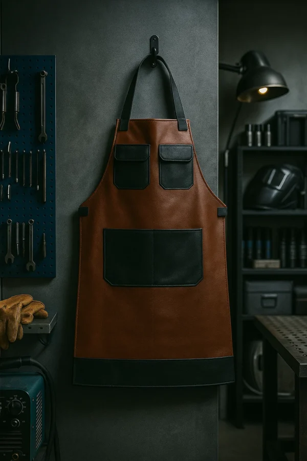 dual tone finely stitched leather apron hung in a blacksmithing workshop
