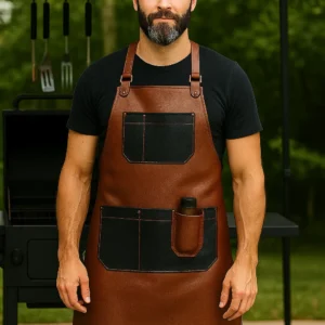 dual tone leather bbq apron worn by young men