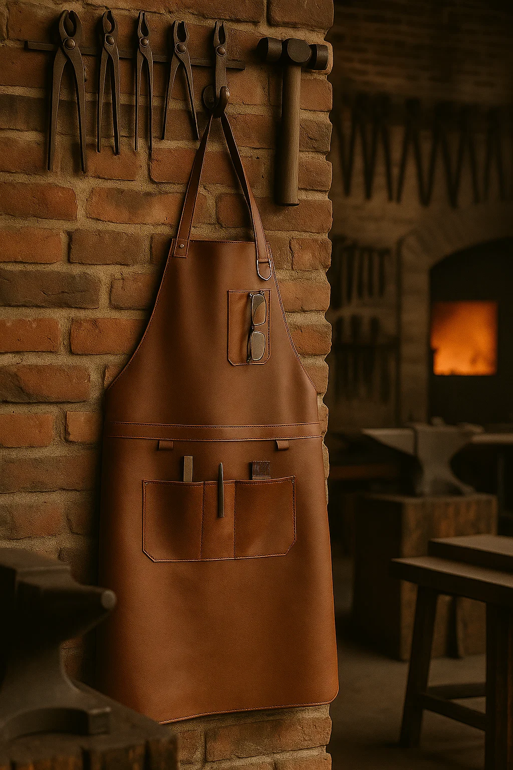 brown leather blacksmith apron hung with blacksmithing tools