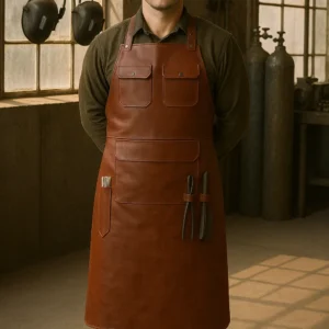 a brown leather blacksmithing apron is being worn by a young welder