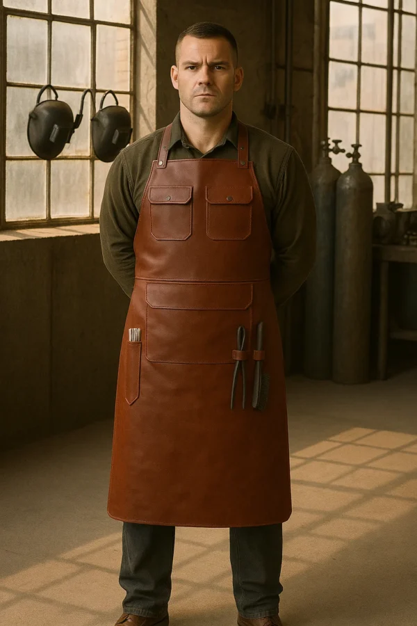 a brown leather blacksmithing apron is being worn by a young welder