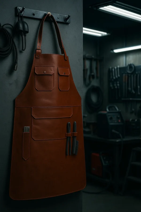 a brown leather blacksmithing apron in a blacksmithing workshop