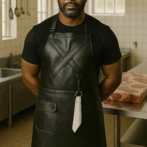 a butcher in black leather apron
