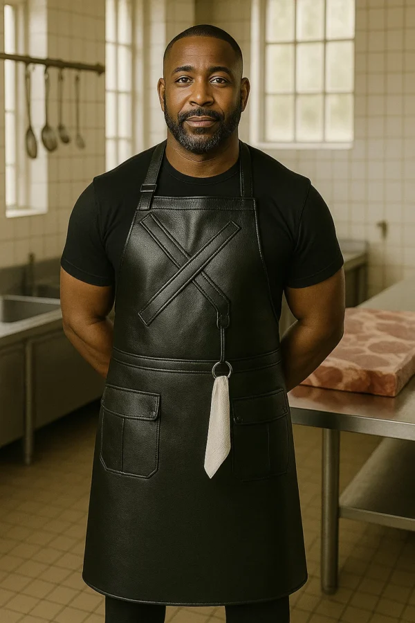 a butcher in black leather apron