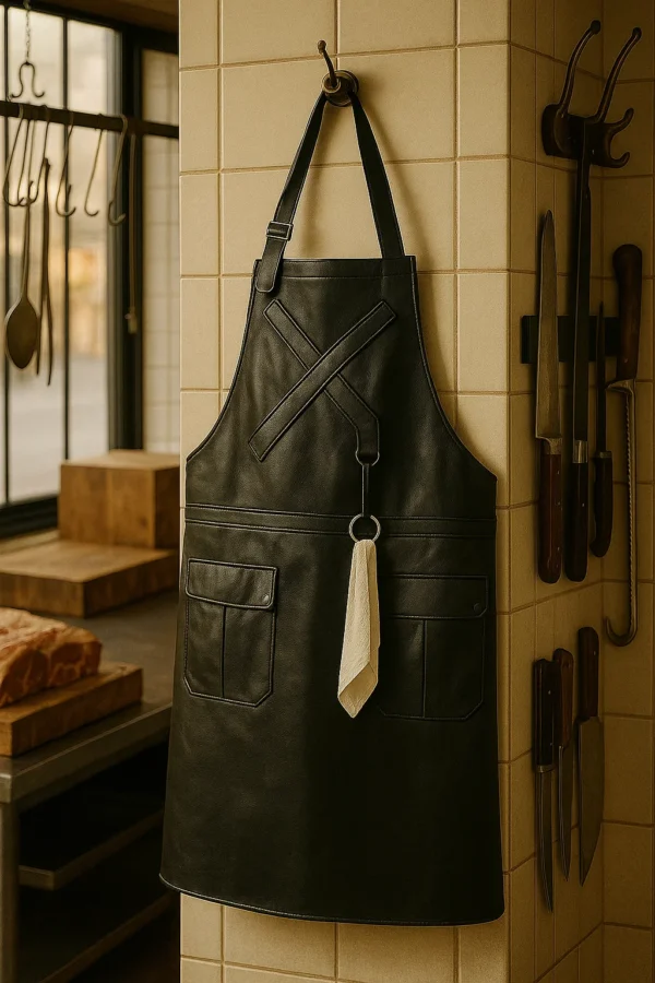 black leather apron for butchery id hung in a shop