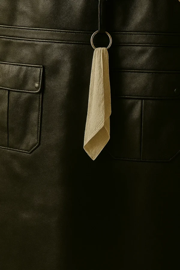 pocket detailings of the black leather apron for butchery