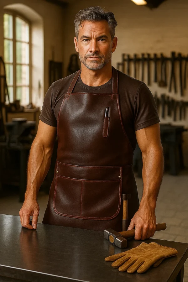 men wearing leather smith apron