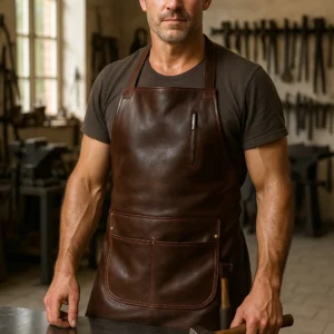 a blacksmith wearing leather apron standing with shelf