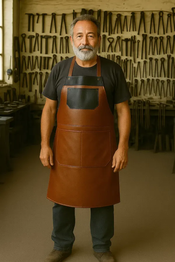 an old blacksmith in leather smith apron
