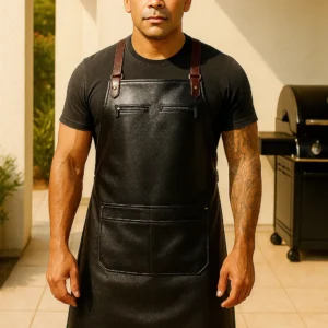 a bbq enthusiast wearing black leather apron