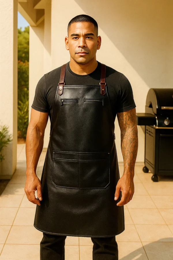 a bbq enthusiast wearing black leather apron