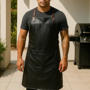 a griller wearing black grill leather apron
