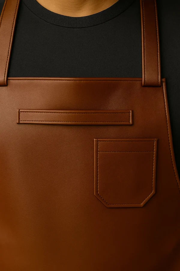 zoomed in view of the a brown bar apron in leather