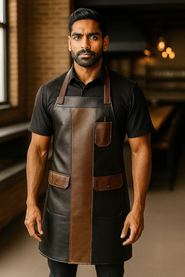 a cook wearing flameproof leather apron