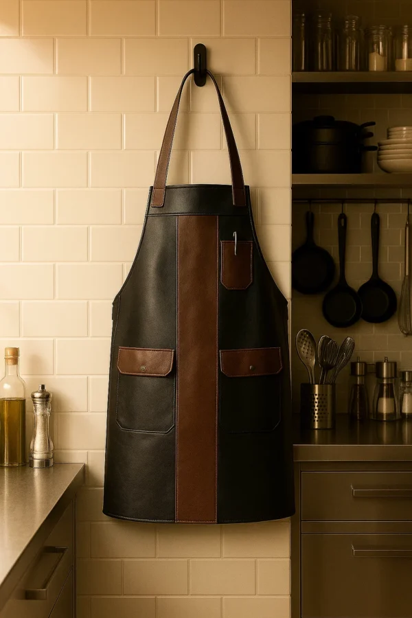 a dual tone leather apron resting agains a wall