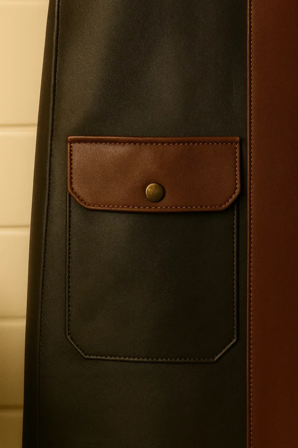 a finely stitched dual tone leather apron