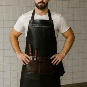 a men in a butchery wearing leather butcher apron